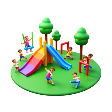 A vibrant playground featuring colorful swings and slides. Children are playing joyfully, some are swinging high into the air while others are climbing up the slides. The playground has bright, cheerful colors with green grass underfoot. There are trees in the background providing shade, and a few children are laughing and chasing each other nearby. Various playground equipment is scattered throughout the area, contributing to the lively atmosphere.