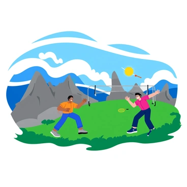 A vibrant scene of an exhilarating game of badminton taking place on a mountain peak. The players are focused and dynamic, wearing colorful sports attire. The badminton net is set up in the background against a breathtaking view of rolling clouds below. Two birdies are shown flying gracefully above the clouds, with sunlight glinting off their feathers. The surrounding mountain landscape is rugged, featuring rocky outcrops and patches of lush green grass.