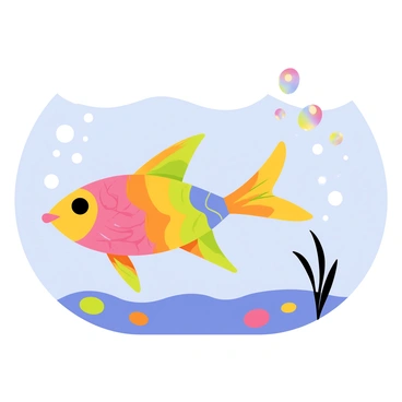 A colorful rainbow fish with shimmering scales is swimming swiftly through clear blue water. The fish has long, flowing fins and a tail that creates a dynamic motion. It is leaving a trail of iridescent bubbles in its path, which rise gracefully towards the surface. The surrounding water is filled with small, colorful pebbles and playful light reflections, enhancing the lively underwater scene.