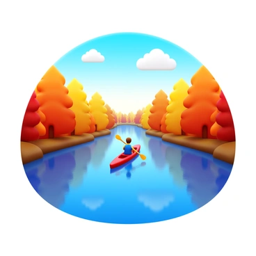 A lone canoeist with a red canoe is paddling down a river. The riverbanks are lined with vibrant autumn foliage in shades of orange, yellow, and red. The water reflects the colorful leaves, creating a picturesque and tranquil scene. The sky is clear with a few fluffy white clouds, allowing sunlight to filter through the trees.