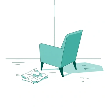 A white empty room with smooth walls and a polished wooden floor. In the center of the room, there is a single teal chair facing the viewer. The chair is slightly turned to the side, with a straight back and four slender legs. On the floor, there is a crumpled letter lying partially opened, with faded edges and visible creases. The room is devoid of any other furniture or decorations, enhancing the feeling of isolation. Additional shadows are cast by the chair, creating a sense of depth in the otherwise empty space.