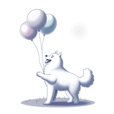 A playful Samoyed holding a bunch of colorful balloons on a bright summer day