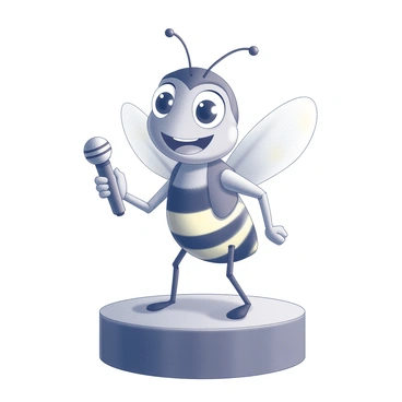 A cartoon bee standing confidently on a small stage. The bee is anthropomorphized, featuring large expressive eyes and a wide smile. It is holding a microphone in one hand, while the other hand rests on its hip, demonstrating a self-assured pose. The stage is elevated, with a simple backdrop that suggests a performance setting. Bright stage lights illuminate the bee, highlighting its striped body and delicate wings. The atmosphere reflects excitement and anticipation, indicating a performance about to begin.