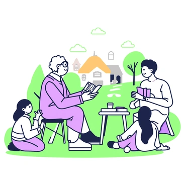 An elderly person with gray hair and glasses is sitting on a wooden stool in the center of a village square. The person is animatedly narrating stories, with a warm smile on their face. Around them, a circle of attentive listeners, consisting of young children and adults, are seated on the grass, leaning forward to catch every word. The listeners display various expressions of fascination and joy. In the background, quaint village buildings with thatched roofs and a few trees provide a peaceful setting. A small table beside the storyteller holds a cup of tea and an open book. The soft light of the late afternoon sun creates a welcoming atmosphere.