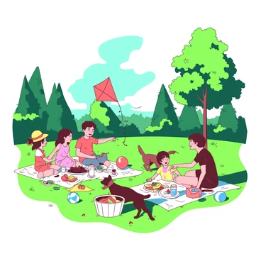 A group of families is gathered at Gerland Park in Grenoble, enjoying a sunny day together. In the foreground, children are playing on vibrant green grass, some flying colorful kites while others are playing with a bright blue ball. Nearby, parents are sitting on picnic blankets laid out on the grass, sharing a meal from white baskets filled with fruits and sandwiches. A cheerful dog is running around, its tail wagging energetically. In the background, there are tall trees with lush green leaves, creating patches of shade. The sky is clear and bright, enhancing the joyful atmosphere of the park.