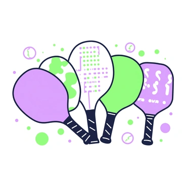 A display of pickleball paddles arranged in a fan shape. Each paddle features different designs, with a range of patterns and textures. The paddles are positioned sequentially from left to right, creating a rainbow pattern. The handles of the paddles are visible, with grips that show intricate detailing. In the background, there are small, green and purple accents that enhance the overall composition of the display.