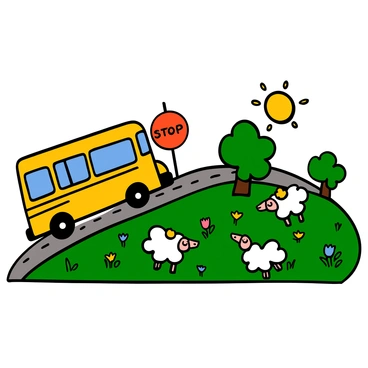 A yellow school bus with large windows and a stop sign extended is driving along a grassy path. The bus is surrounded by a picturesque meadow filled with green grass and wildflowers. Nearby, a flock of white sheep with fluffy coats is grazing peacefully, scattered throughout the meadow. The sun is shining brightly, casting soft shadows on the ground, while a few trees are visible in the background, providing a serene backdrop to the scene.