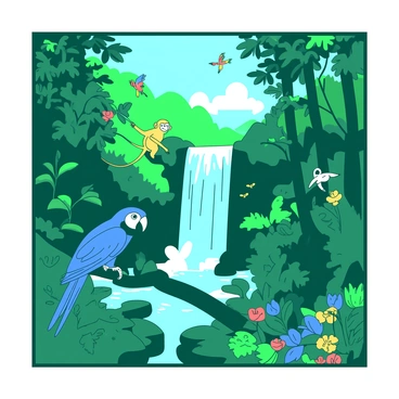 A green and blue framed illustration features a dense rainforest scene filled with lush foliage and towering trees. A cascading waterfall flows down in the center of the image, creating a mist that rises above the rocks. In the foreground, a vibrant blue parrot is perched on a branch, while a small yellow monkey swings playfully from a nearby vine. The background is filled with various shades of green, showcasing an array of tropical plants and flowers, with glimpses of colorful exotic birds flying through the scene.