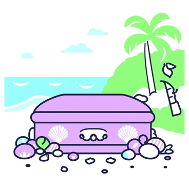 A casket is placed on a tropical island beach, surrounded by soft white sand. The casket is adorned with various seashells, showcasing intricate patterns and textures. Several seashells are arranged along the edges, while others are scattered around the base, glistening in the sunlight. In the background, gentle waves lap at the shore, and palm trees sway slightly in the warm breeze. Bright green foliage lines the beach, adding to the natural beauty of the scene.