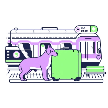 A dackel is standing on a train platform, looking attentively towards the tracks. The dackel has a long body and short legs, with a glossy coat. Next to the dackel, there is a green suitcase with a sturdy handle resting on the wooden platform. The platform has wooden planks and is surrounded by metal railings. In the background, a train is partially visible, with several carriages waiting for passengers. The scene is framed with some benches and a sign indicating the train schedule.