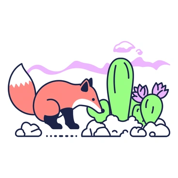 A curious fox with a bushy tail and pointed ears is crouching down, sniffing at a small cluster of cacti in the foreground. The fox has a reddish-brown coat with lighter patches on its chest and a white tip on its tail. The cacti are various shapes and sizes, with spines and vibrant blooms. The setting has a rocky ground with a few scattered pebbles around the cacti. In the background, there are hints of distant hills under a clear sky.