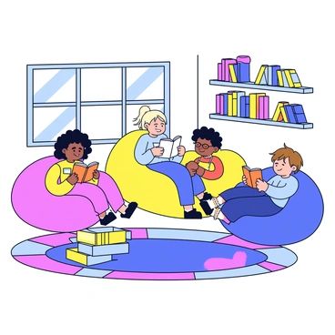 A cozy reading corner in a classroom with a colorful rug on the floor. There are several large bean bags in various bright colors scattered around the rug. On the wall is a shelf filled with a variety of books, some stacked and some leaning. A few children, a girl with curly hair reading a fairy tale, and a boy with glasses focused on a science book, sit comfortably in the bean bags. Light streams in through a nearby window, creating a warm atmosphere in the space.