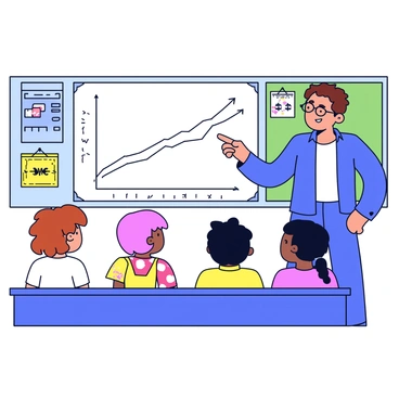 A teacher standing in front of a classroom, pointing at a chart that illustrates financial growth. The chart features a simple upward trend line with labeled axes, showing increasing values over time. The teacher has short brown hair and wears glasses, and is dressed in a casual blue shirt. The students, a diverse group of children, are seated at their desks, looking attentively at the chart. There are colorful posters on the classroom walls, and a chalkboard can be seen in the background.