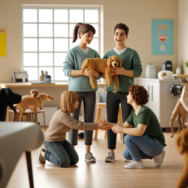 A smiling couple stands in an animal shelter, surrounded by various animals in need of homes. The woman has long brown hair tied back in a ponytail and is wearing a light blue sweater and jeans. The man is wearing a green shirt and dark pants, looking down at the puppy in his hands. The puppy is a small golden retriever with fluffy fur and bright eyes, wagging its tail excitedly. The new owner, a middle-aged woman with curly hair, is kneeling in front of the couple, reaching out her hands to receive the puppy with a joyful expression. The background features colorful posters about pet adoption and a cozy atmosphere filled with soft natural light.