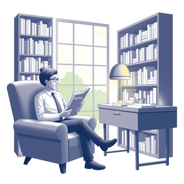 A scientist is seated in a plush armchair, absorbed in reading a book titled "The Wonders of PMAT." The study is filled with tall bookshelves that are brimming with various books, some stacked horizontally and others standing upright. A wooden desk is positioned nearby, cluttered with scientific equipment and notebooks. A warm lamp illuminates the pages of the book, casting soft shadows. A window reveals a glimpse of greenery outside, enhancing the cozy atmosphere of the room. The furniture is arranged to create an inviting space for study and reflection.