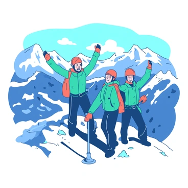 A group of climbers is standing triumphantly at the summit of a snow-capped mountain. The climbers are dressed in colorful winter gear, showcasing a mix of teal and orange jackets, helmets, and gloves. Each climber is holding onto an ice axe while catching their breath. Below them, a vast landscape of rugged mountains and valleys stretches out, covered in a blanket of snow. The sky above is clear, with bright sunlight illuminating the scene, casting shadows on the snow. The climbers are celebrating their achievement, with smiles and raised arms.