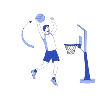 A basketball player is in mid-air, positioned above the basketball hoop, preparing to shoot the ball. The player has a focused expression, wearing a jersey and shorts, with detailed sneakers on their feet. The basketball is held above their head with one hand, and their other arm is extended outward. Arrows are illustrated around the ball, indicating the forces acting on it, such as thrust, gravity, and trajectory. The hoop is in the background, with the net swaying slightly, suggesting movement as the ball approaches.