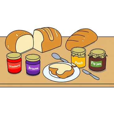 A creative pairing of different bread types with unique jam flavors on a table setting.