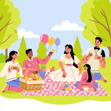 A Maria Clara dressed in a traditional Filipiniana gown with floral patterns is sitting on a checkered picnic blanket in a vibrant park. She has long, flowing hair adorned with a decorative hairpiece. Surrounding her are friends and family members, all smiling and sharing food from a large picnic basket filled with various dishes. Colorful balloons float in the background, and there are green trees casting soft shadows around the picnic area. The sky is bright blue with fluffy white clouds, enhancing the cheerful atmosphere of the sunny day.