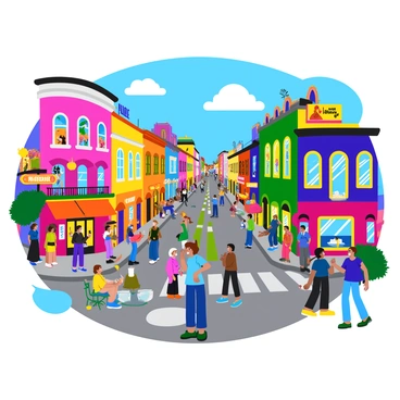 A vibrant cultural district filled with colorful buildings that house various theaters and art galleries. The streets are bustling with a diverse crowd of city dwellers, some engaged in lively conversation while others enjoy street performances. Bright banners and signs showcase upcoming shows and exhibitions, adding to the lively atmosphere. Playful sculptures and murals decorate the sidewalks, enhancing the creative vibe of the area. People can be seen admiring art pieces displayed in gallery windows, while others sit at outdoor cafés sipping drinks and enjoying the warm sunlight.