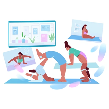 A virtual fitness class is being held with multiple screens displaying participants engaged in clamshell exercises. Each participant is on their own exercise mat, positioned on their side with their knees bent. The individuals are wearing colorful workout attire, and some have resistance bands around their thighs. The background of each screen shows a variety of home fitness spaces, including plants and motivational posters. There is a sense of movement as the participants lift their top knees while their feet remain together. A timer is visible on the main screen, counting down the duration of the exercise.