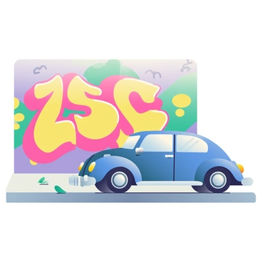 A blue VW Beetle is parked on the side of a street. The car's shiny surface reflects various colors from the surrounding environment. Next to it, there is a large wall covered in vibrant graffiti, showcasing a mix of bold colors including pink, yellow, green, and purple. The graffiti features abstract shapes and artistic tags, creating a lively contrast against the muted colors of the street. The ground is made of grey asphalt, with a few scattered leaves nearby.