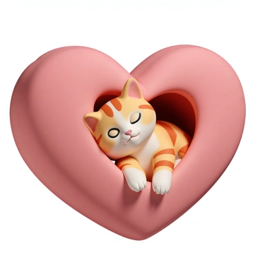 A cute tabby cat with orange stripes is curled up inside a giant heart-shaped cushion. The cushion is soft and plush, with a vibrant red color that contrasts with the cat's fur. The cat has its eyes closed and is nestled comfortably, with its paws tucked underneath its body. The background is a warm, cozy room that enhances the scene's inviting feel.