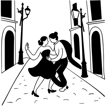 A couple gracefully dancing the tango on a cobblestone street, surrounded by vintage streetlights that cast a warm glow. The woman wears an elegant dress that flows as she moves, while the man is dressed in a classic suit. Their bodies are positioned in an intricate dance pose, showcasing the fluidity of their movements. Shadows cast by the streetlights create a dynamic pattern on the ground, enhancing the atmosphere of the scene.