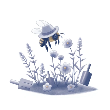 A honeybee with delicate wings is hovering above a miniature garden. The bee is wearing a tiny straw hat that sits snugly atop its head. The garden is filled with small plants and flowers, each meticulously detailed. The bee is positioned as if it is inspecting the blossoms, with its legs lightly brushing against the petals. Tiny garden tools are scattered nearby, emphasizing the bee's role in tending to the vibrant plants.