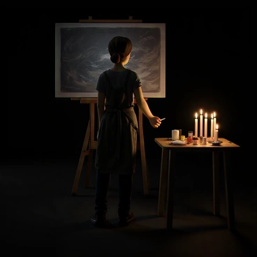 An artist with medium-length brown hair tied back is standing in a shadowy studio, intensely focused on a large canvas. The canvas displays dark, swirling colors suggesting a deep emotional theme. The studio is dimly lit by several flickering candles placed on a wooden table nearby, casting soft shadows across the room. The artist is wearing a paint-splattered apron, and there are various paintbrushes and tubes of paint scattered around. The ambiance is intimate, enhanced by the warm glow of the candlelight illuminating the artist's concentrated expression.