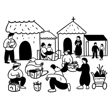 A medieval village scene depicting a group of villagers wearing various masks while attending to the sick. Some villagers are kneeling beside makeshift beds, tending to individuals wrapped in blankets. Others are standing nearby, holding baskets filled with herbs and medicinal plants. The village buildings are rustic, with thatched roofs and wooden beams, adding to the atmosphere of distress. In the background, a few villagers are gathered, discussing in hushed tones, while a cart with supplies sits to the side, contributing to the sense of urgency in the scene.