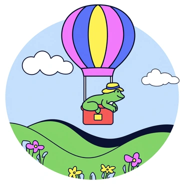 A frog wearing a small explorer's hat is sitting in the basket of a colorful Victorian hot air balloon. The balloon features bright patterns of red, blue, and yellow. Below, a scenic landscape unfolds with rolling green hills and patches of wildflowers in vibrant colors. In the distance, there are a few fluffy white clouds in a blue sky. The frog has a determined expression as it looks out over the landscape while gripping the edges of the basket.