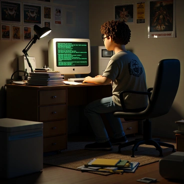 A hacker with short, messy hair and wearing round glasses is sitting at a DOS computer. He is dressed in a faded graphic t-shirt and jeans. The computer has a green monochrome monitor displaying lines of code. The room is cluttered with stacks of old magazines, computer manuals, and cables scattered on a wooden desk. There is a dimly lit lamp casting shadows, and posters of vintage tech and sci-fi movies adorn the walls. A large, old-fashioned floppy disk drive sits next to the computer. The overall atmosphere conveys a sense of focused determination in a chaotic environment.