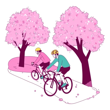 Two cyclists are riding along a winding path surrounded by cherry blossom trees in full bloom. The branches are laden with clusters of pink flowers, creating a vibrant canopy overhead. One cyclist is wearing a yellow helmet and a teal cycling jersey, while the other is dressed in a pink jacket and blue shorts. Petals are gently falling around them as they pedal, adding movement to the tranquil scene. The sun is shining brightly, illuminating the pink blossoms and casting soft shadows on the ground.