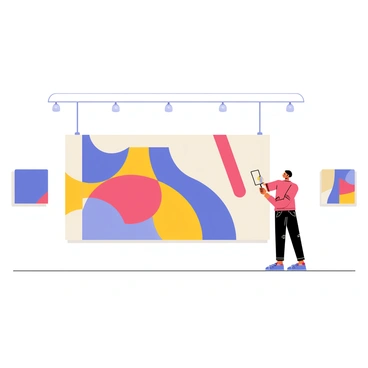 A large canvas print featuring an abstract design is being hung on a white gallery wall. The print has vibrant colors, including shades of blue, red, and yellow, creating a dynamic visual effect. A person, dressed in casual clothing, is carefully aligning the canvas to ensure it is straight. The gallery has bright lighting that highlights the artwork, and other artworks are visible in the background on the same wall.