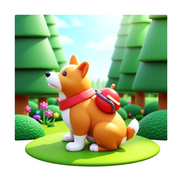 A playful dog with a fluffy coat wearing a small red backpack. The dog is sitting on a soft patch of grass, surrounded by tall green trees and vibrant bushes. Sunlight filters through the leaves, creating dappled patterns on the ground. The dog's ears are perked up, and its tail is wagging, signaling excitement for the adventure ahead. In the background, colorful wildflowers add splashes of color to the lush forest setting.