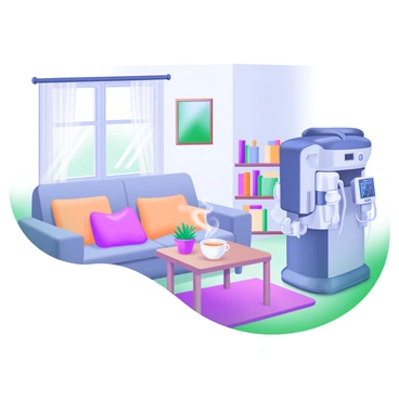 A cozy living room featuring a "hemodialysis machine" seamlessly integrated into the corner. The room has a soft, inviting color palette with "plush cushions" on a comfortable sofa. A "wooden coffee table" holds a steaming cup of tea next to a small potted plant. A soft rug covers the floor, and there are bookshelves filled with "colorful books" against the wall. A window allows natural light to flood in, illuminating the space and creating a warm atmosphere. In the background, a painting hangs on the wall, adding a personal touch to the home setup.
