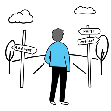 A person standing at a crossroads, looking at multiple signs pointing in different directions. The person is wearing a blue jacket and black jeans, with short hair. The signs are mounted on wooden posts and display various directions, with labels such as "North," "South," "East," and "West." The background features a simple landscape with a few trees on either side of the road. The sky is clear with a few clouds.