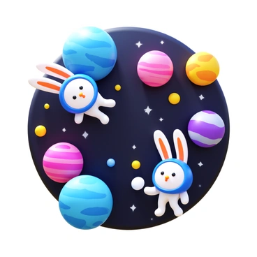 A 3D cartoon scene featuring "bunnies" wearing space helmets, floating in "space." The bunnies are playfully interacting, with one bunny reaching out towards a nearby "colorful planet." The background showcases multiple "planets" in vibrant colors such as blue, pink, and yellow, each with distinct patterns and details. The scene is filled with "stars" twinkling against a dark space backdrop, adding a playful touch to the atmosphere.