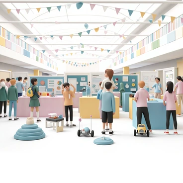 A large science fair taking place in a bright, spacious hall filled with colorful project displays. Several students, dressed in school uniforms, are standing beside their individual projects. One student is presenting a model of the solar system, complete with painted planets hanging from strings. Another student, next to a poster about renewable energy, is explaining the concept to a small group of interested onlookers. Various other projects include a volcano model that erupts with a small burst of colored liquid, and a robot programmed to navigate through obstacles. The atmosphere is lively, with banners hanging from the ceiling and parents taking pictures of their children.