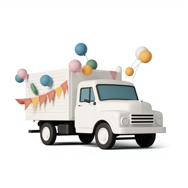A white truck is parked prominently, showcasing a vibrant display of colorful banners and balloons. The truck's surface is adorned with red, blue, yellow, and green banners fluttering in the breeze. Brightly colored balloons in various sizes are attached to the sides and the back of the truck, some floating above it, adding to the festive atmosphere. The scene captures the excitement and joy of a parade, with the truck serving as a focal point, ready to participate in the celebration.
