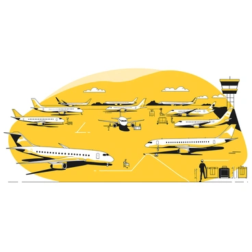 An expansive airport tarmac filled with parked airplanes. The scene features several airplanes of various sizes, including commercial jets and smaller private planes. Each airplane is positioned neatly, with their wings extended and landing gear visible. Some airplanes display different tail designs and markings. The tarmac is marked with yellow lines, guiding the spots where the airplanes are parked. In the background, a control tower rises above the tarmac, while a few luggage carts and ground crew members are seen tending to the planes. The sky above is clear, providing a bright, open atmosphere.