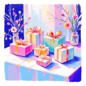 A table is decorated with elegantly wrapped wedding gifts. Each gift is adorned with shimmering ribbons and delicate bows. The tablecloth is a soft white, draping gently to the floor. A variety of gift sizes and shapes are arranged neatly, showcasing glossy wrapping paper in pastel colors like blush pink, mint green, and cream. In the background, small floral arrangements in glass vases add a touch of romance to the setting. Fairy lights are twinkling softly, casting a warm glow over the scene.