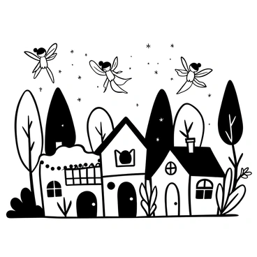 A tiny village surrounded by tall trees, with small wooden houses nestled close together. Delicate fairies with translucent wings are flying between the houses, leaving trails of tiny sparkles in the air. Each house is adorned with intricate details, such as tiny flower pots on windowsills and small, carved wooden doors. Some fairies are hovering near the rooftops, while others are playfully darting around the trees. The scene conveys a sense of enchantment with the fairies blending harmoniously into their village environment.