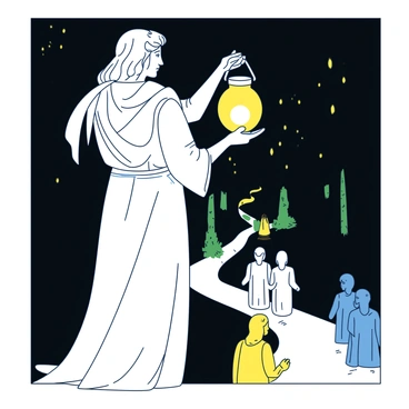 A white figure representing "Themis" stands tall, holding a glowing lantern that emits a warm yellow light. The lantern's beam shines down on a winding path that leads through a dark forest. Surrounding "Themis" are various shadows of people, with hopeful expressions as they look towards the light. The figure is adorned with a flowing robe that drapes elegantly, symbolizing wisdom and strength. The atmosphere is filled with a sense of purpose and determination as the light reveals the way forward.