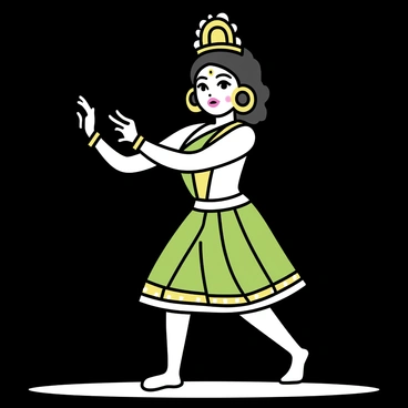 A Kathakali dancer stands in a dynamic pose on stage, wearing an elaborate costume featuring layers of vibrant green fabric with intricate gold embroidery. The dancer's face is painted with bright colors, showcasing exaggerated features, including bold red lips and expressive eyebrows. Large, ornate jewelry adorns the dancer, including a traditional crown atop their head. The stage is illuminated with focused spotlighting, highlighting the dancer's intricate hand gestures and facial expressions, while the background remains dark to accentuate the performance.