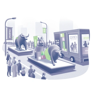 A street bustling with activity during a festive parade. Colorful floats inspired by stock market themes glide down the road. One float prominently features a giant bull statue, symbolizing a bullish market, while another float showcases a towering bear figure, representing a bearish market. Spectators line the street, some holding signs and cheering, while others are taking pictures. The atmosphere is lively, with people dressed in attire related to finance and investing. Banners display various stock symbols and trading phrases, adding to the festive, market-themed ambiance.