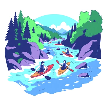 A group of people in colorful kayaks is navigating through a fast-flowing river with visible rapids. The kayaks are splashing through the water, creating white foam as they cut through the rushing current. Surrounding the river, there are lush green trees and steep rocky banks, emphasizing the intensity of the scene. Some kayakers are leaning forward, paddling energetically, while others are navigating around large boulders in the water. In the background, the river bends gracefully, leading into a scenic landscape under a bright sky.