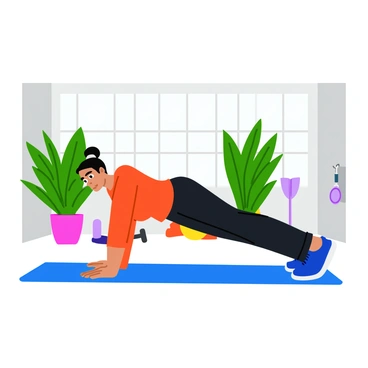 A person in workout attire is performing a plank exercise on a colorful yoga mat. The individual has a focused expression, with arms extended and body straight, showcasing the effort involved in the exercise. The home gym is brightly lit, featuring large windows that allow natural light to flood the space. Lush green plants are positioned around the gym, adding a touch of nature and freshness to the environment. The walls are painted in a light color, and there are fitness equipment, such as weights and a stability ball, visible in the background.