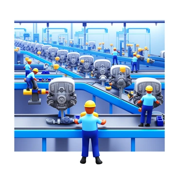 A bustling assembly line featuring multiple car engines in various stages of construction. Each engine is surrounded by tools and parts, showcasing the intricate details of the assembly process. Workers in uniforms are actively engaged in their tasks, carefully assembling components. Conveyor belts move smoothly, transporting engines along the line while bright overhead lights illuminate the workspace. The background has machinery and parts bins, reflecting a dynamic industrial environment.